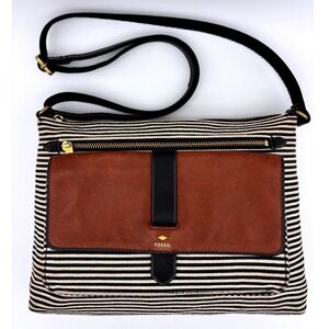 FOSSIL Striped Leather Crossbody Handbag Bag Black Brown‎ Gold Brass Prep Medium